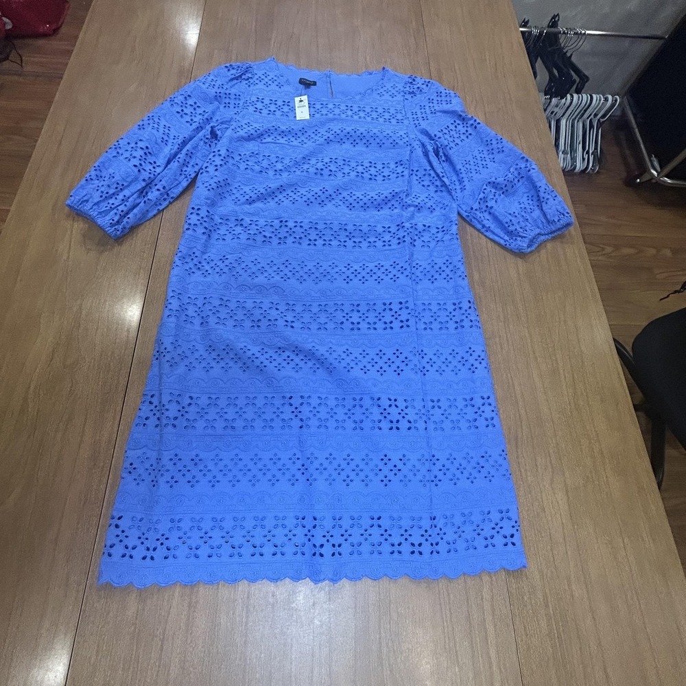 Talbots Dress Womens 6 Blue Eyelet Lace Scoop Neck Shift Midi Lined Floral